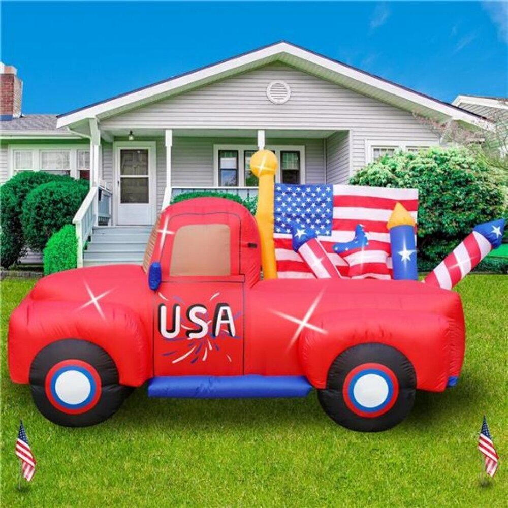8 FT 4th of July Inflatables Outdoor Decorations, Car with Build-in LEDs